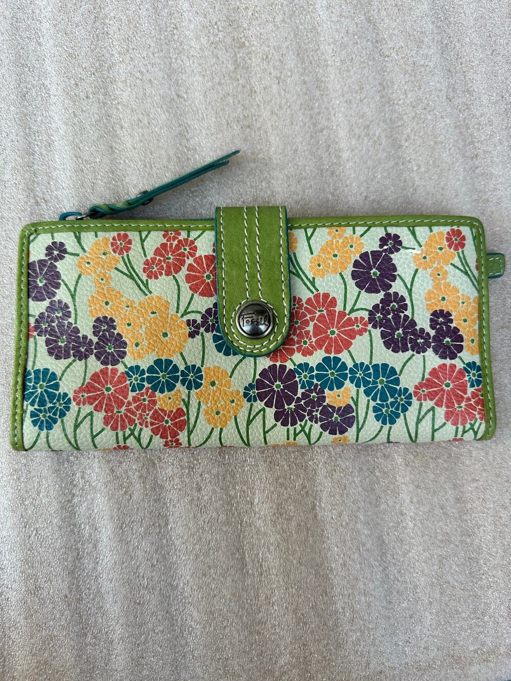 Fossil Multicolor Floral Leather Zip Around Wallet Green Teal Vintage
